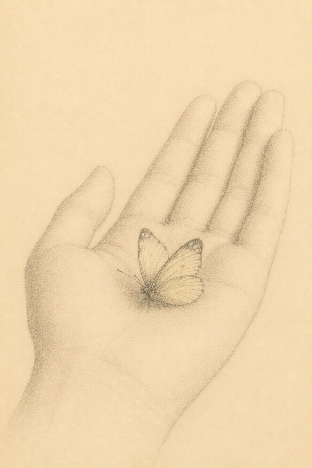 Ilustración interior a carboncillo de Madre, mírame: una mano sostiene una mariposa.
