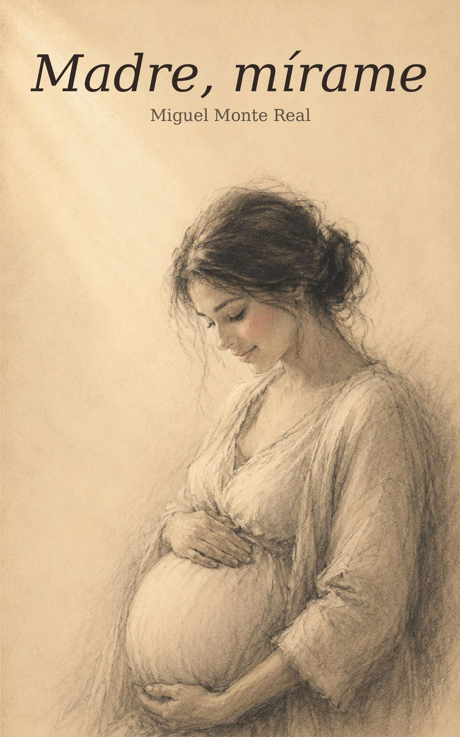 Cubierta de Madre, mírame — ilustración a carboncillo de una mujer embarazada